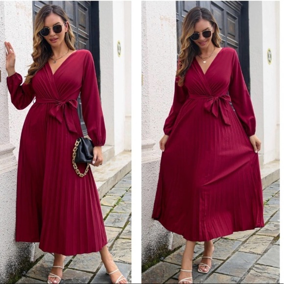 Red Pleated Long Sleeve Surplice Maxi Dress - Picture 1 of 2